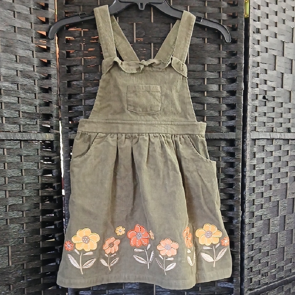 BlueBeri Boulevard Jumper Corduroy Olive Green Floral Embroidered Dress SZ 7